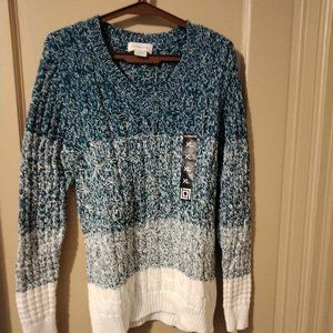 Liz Claiborne Cable Knit Sweater, Teal & White, Size XL